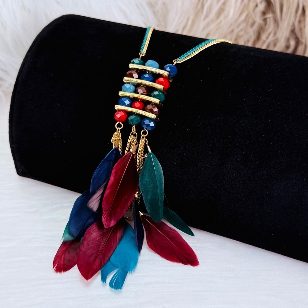 Beautiful, multi colored, feather, long layering costume necklace